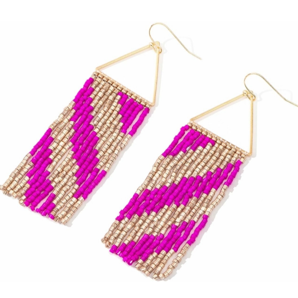 Long Triangle Beaded Fringe Earrings Hot Pink Gold Diagonal Stripe Geometric New